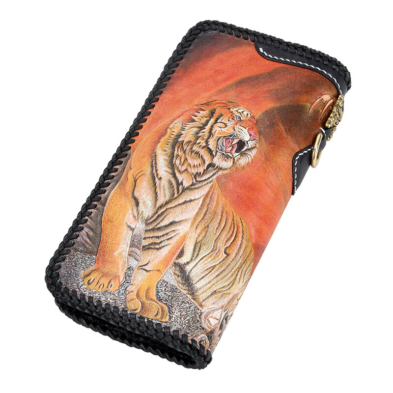 Master Works-billeteras de cuero genuino para hombre, carteras de cuero curtido con diseño de tigre dragón tallado, bolso largo, tarjetero