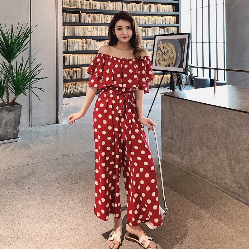 BoHo Chic Polka Dot Jumpsuit 2019 Off Bahu Flunce Korea Overall Renda Lebar Kaki Elegan Celana Kodok untuk Wanita 2019 DD2160