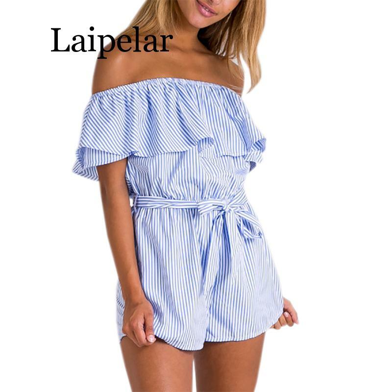 Ruffles Slash Neck Beach Playsuits Summer Women Striped Jumpsuits Girls Sexy Casual Playsuit Overalls With Belts Femininos