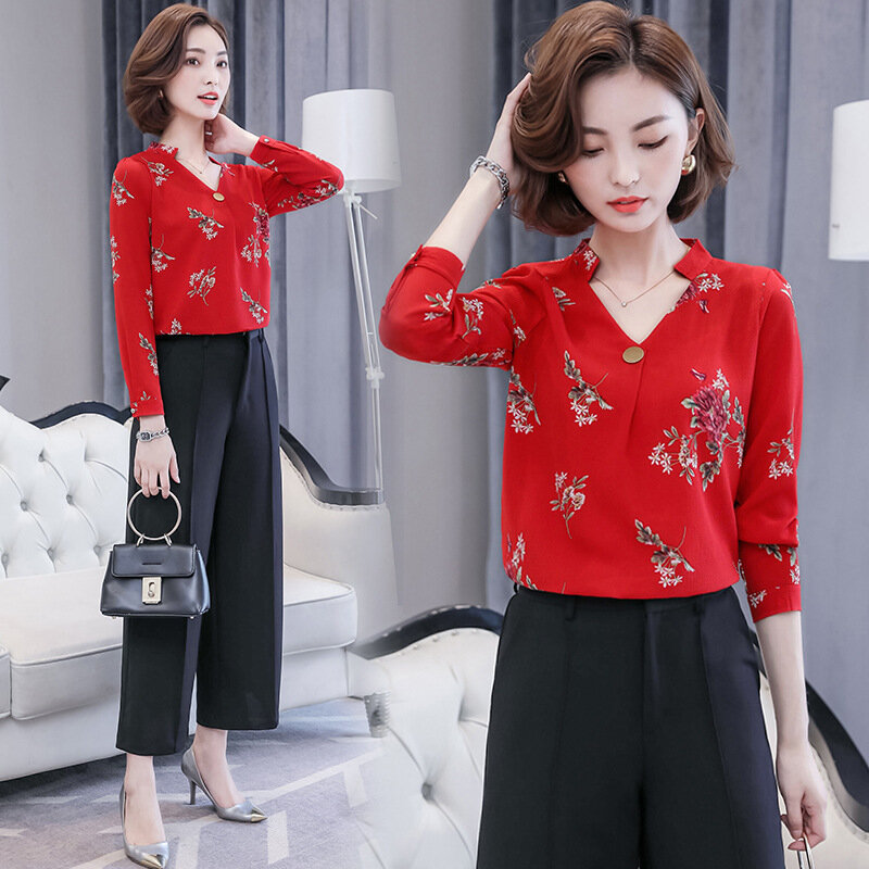 Spring Printed Chiffon Shirt Women's Long Sleeve Large Size V Collar Office Ladies Work Tops Female Fashion Casual Blouses H9052