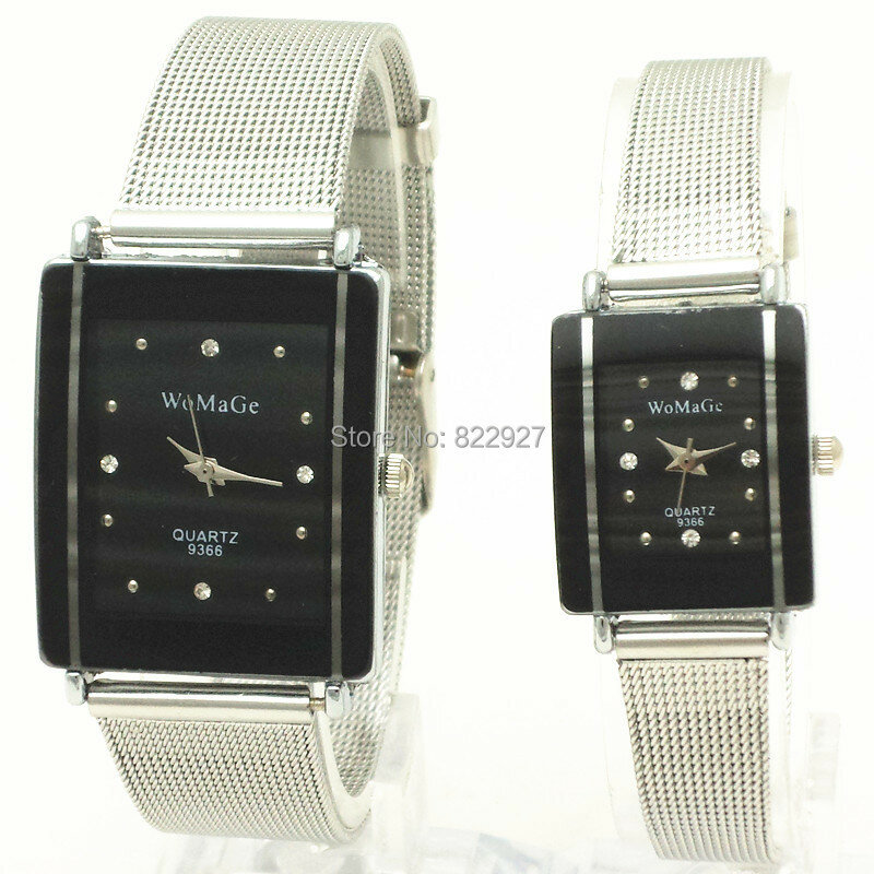 Metal webbing band,silver plating rectangle case,rhinestone dotted in dial,quartz movement,womage 9366 couple fashion watches