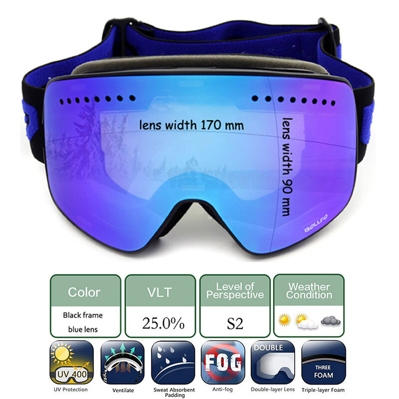 BOLLFO ยี่ห้อ Magnetic แว่นตาเล่นสกีคู่เลนส์ Mountaineering แว่นตา UV400 Anti-Fog Ski Goggles Men Women Snowmobile แว่นตา