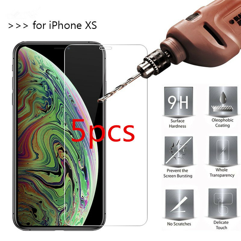 5pcs Screen protector Tempered Glass for IPhone X XR XS Max 8 7 6 6S Plus 5 5S SE Screen Protector Film Phone  Protective Glass