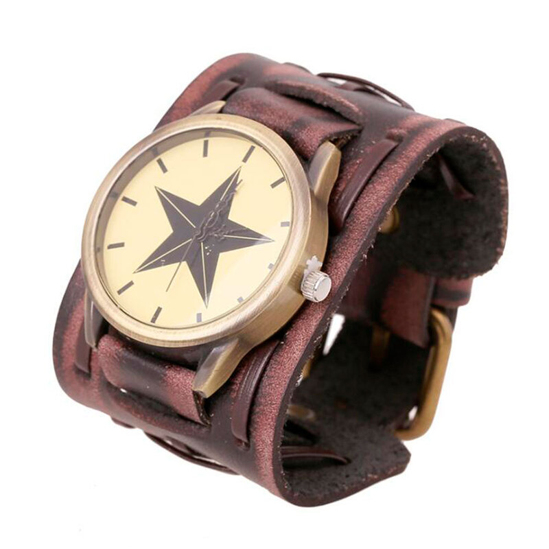 Hot Retro Wide Cow Leather Bracelet Watch Vintage Men Wrist Watches Casual Big Star Quartz Watch Clock Relogio reloj DropShip