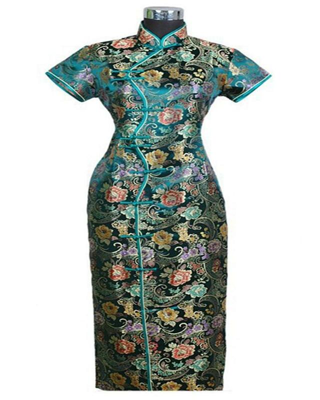 Vestido Qipao largo de satén para mujer, cheongsam chino negro, flor S, M, L, XL, XXL, XXXL, J0024