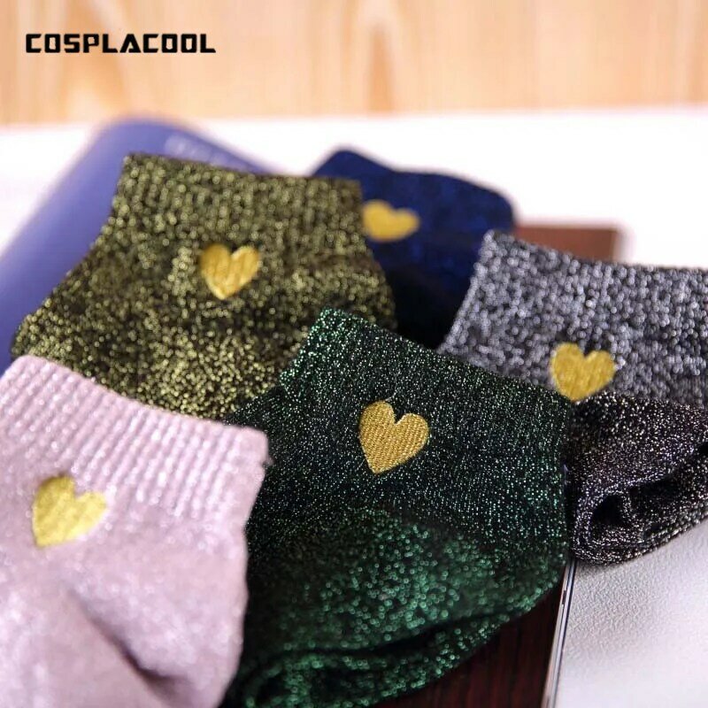 Cosplayool-Calcetines con bordado de corazón para Mujer, Medias brillantes con purpurina de amor, de seda dorada y plateada, a la moda