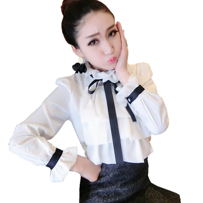 Nowy Harajuku wiosna letnia bluzka kobiety koszule z długim rękawem moda rozrywka szyfonowa koszula łuk biurowa, damska stojak białe topy