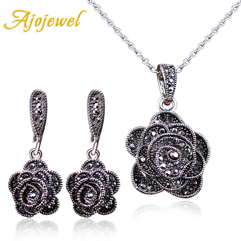 Ajojewel Brand Parure Bijoux Elegant Crystal Rose Flower Necklace Earrings Black Vintage Jewelry Sets For Women