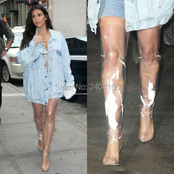 2018 Kim K ArdashianพีวีซีฝนBotasสีดำเปลือยล้างต้นขารองเท้าสูงP Erspexคริสตัลก้อนส้นกว่าเข่าใสB Ooties