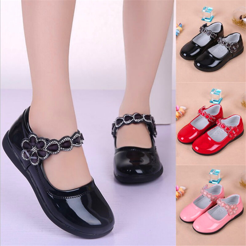 New Listing Girls Shoes Leather Brand Cute Flower Little Kids Shoes For Girls Classic Black White Girls Princess Shoes Size26-36