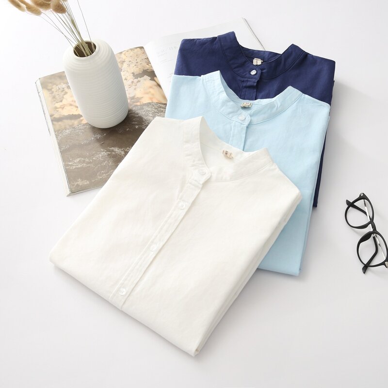 EYM-camisa informal de algodón para mujer, Blusa de manga larga con cuello levantado, Color blanco liso, estilo Simple, novedad de 2024