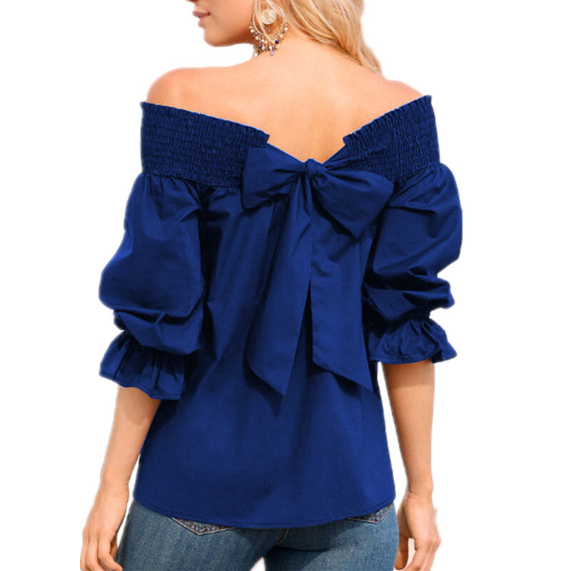Sexy Off Shoulder wiosna lato bluzka bez ramiączek kobiety top z kokardą bluzki z dekoltem w łódkę Casual Loose blusas mujer de moda 2019