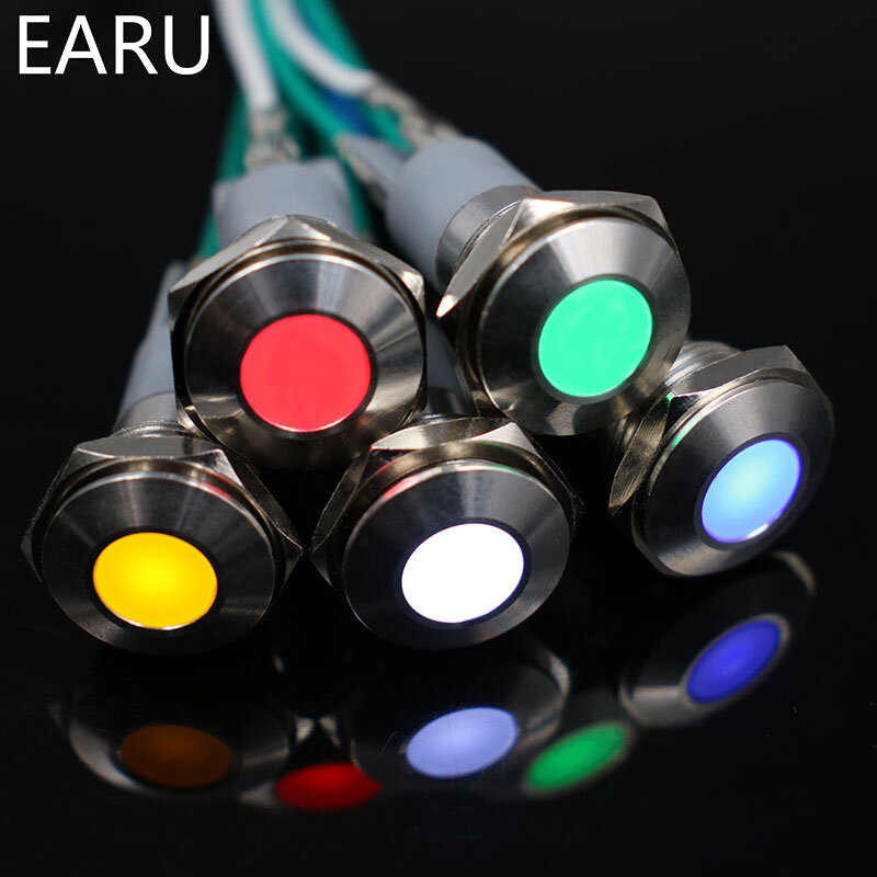 Metalowy wskaźnik LED 14mm wodoodporny IP67 lampka sygnalizacyjna 3V 5V 6V 9V 12V 24V 110V 220V czerwony żółty niebieski zielony biały Pilot Seal