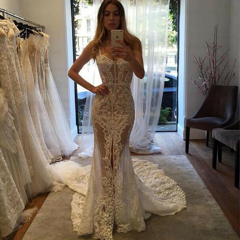 Spaghetti Straps Lace Wedding Dresses 2022 Mermaid Elegant Beaded Sexy Bridal Dresses Imported Robe De Mariee Wedding Gowns 2023