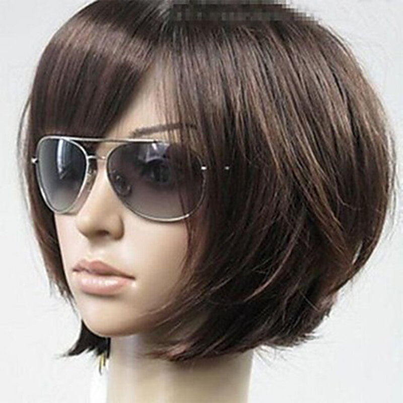 HAIRJOY wig rambut sintetis wanita, rambut palsu lurus coklat mode, wig samping Bang
