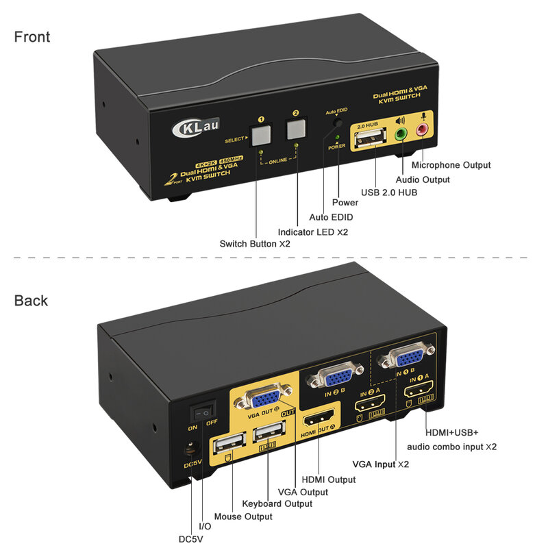 2 Port podwójny Monitor przełącznik KVM, rozszerzona wyświetlacz, CKL przełącznik KVM HDMI VGA dwa monitora, z dźwiękiem, wsparcie 4K @ 30Hz,