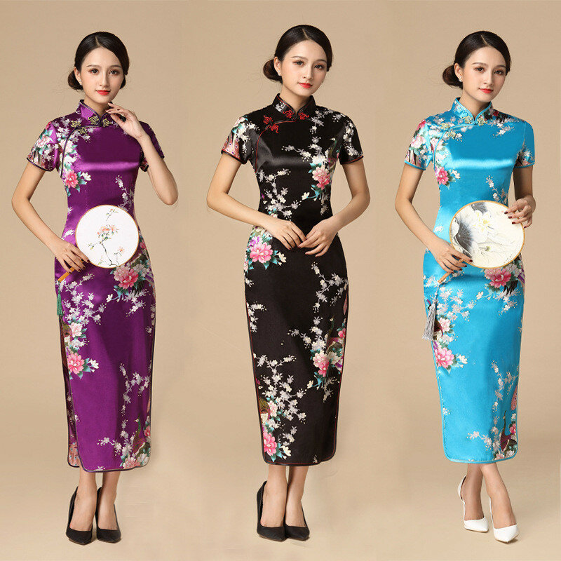 Bloemen & Pauw Vrouwen Traditionele Chinese Jurk Vintage Mandarijn Kraag Qipao Oversize Lange Slanke Cheongsam 3XL 4XL 5XL 6XL