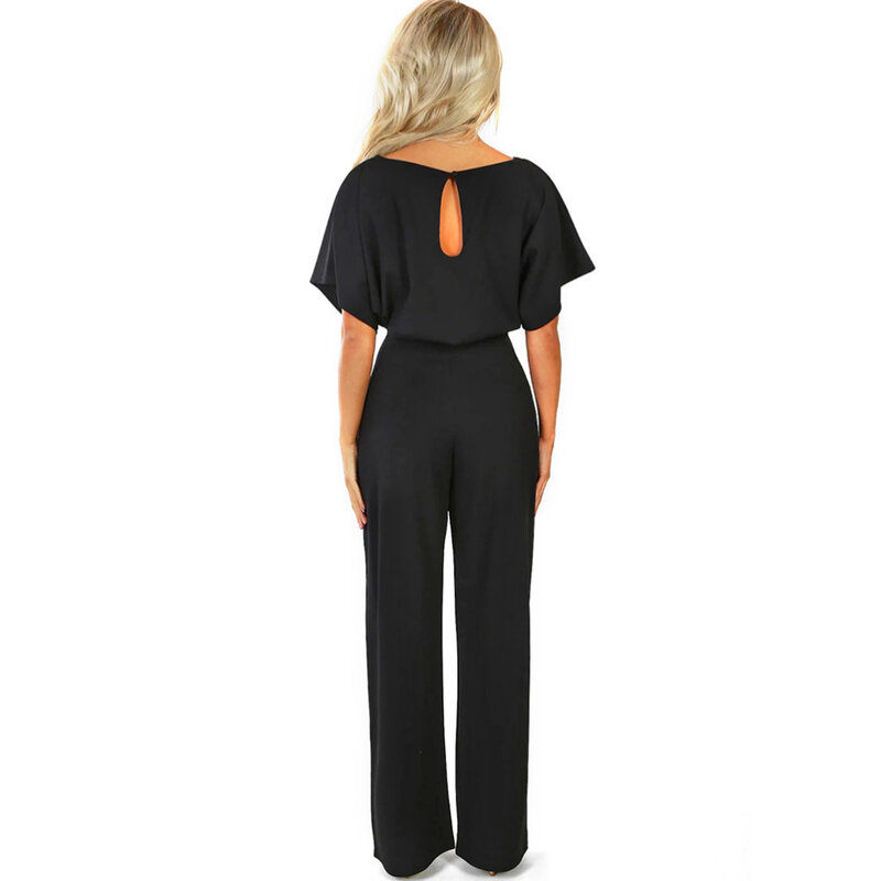 Fashion & Charm Women's Black Bodysuits Polyester Rompers Women Jumpsuit Short Sleeve Bow Body Mujer Casual Straight Overalls