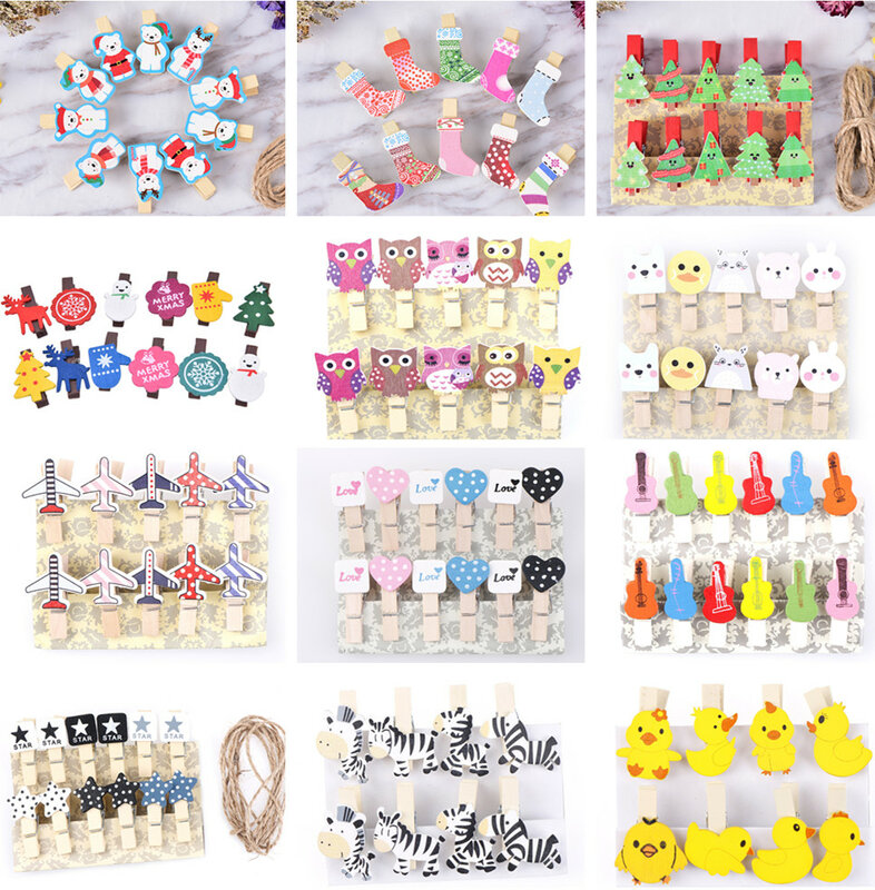 8/10/12 Pcs Mini Natural Wooden Photo Clips Christmas Snowman Duck Heart Owl shaped Clips Clothespin Craft Decoration Clips Pegs