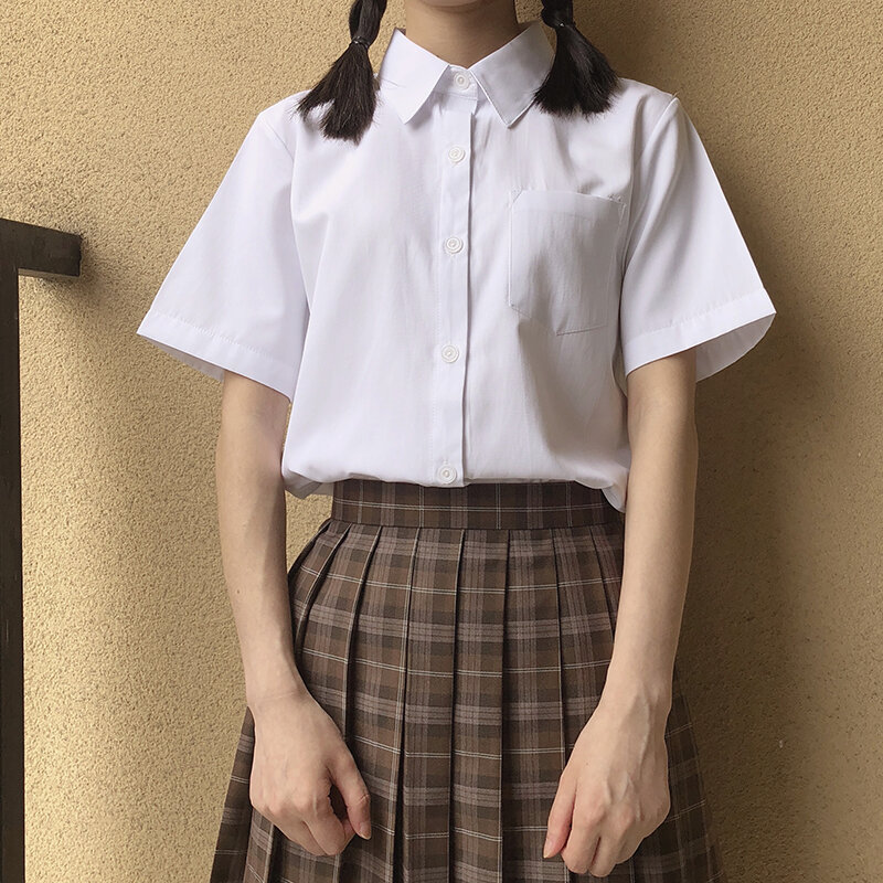 일본 여학생 스퀘어 칼라 반팔 셔츠 불투명도 단색 흰색 유니폼 셔츠