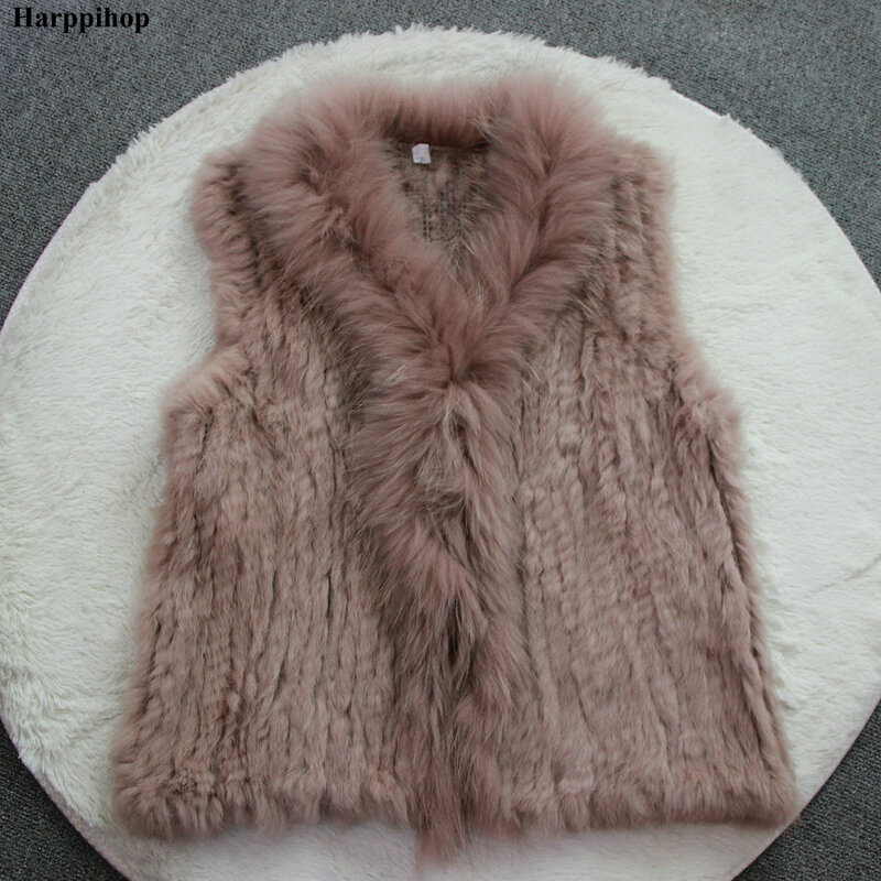 Chaleco de punto de piel de conejo Natural auténtica para mujer, abrigo con cuello de piel de mapache, 20 colores, novedad de 2023