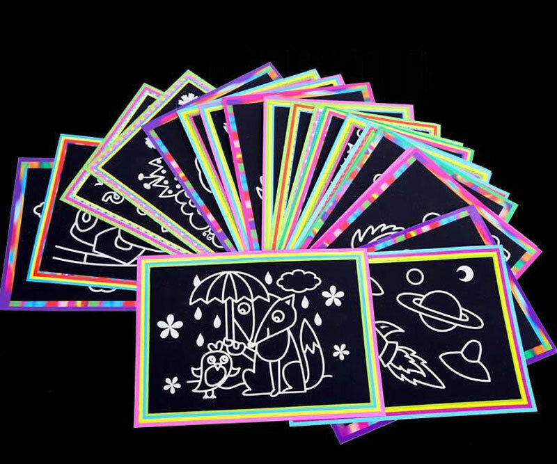 Papel artístico para rascar para niños, 10 piezas, 13x9,8 cm, papel mágico para pintar con palo de dibujo, juguetes coloridos para dibujar