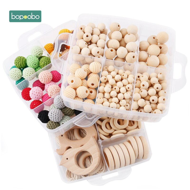 Bopoobo-Ensemble de bijoux hochet pour bébé, perles en bois naturel, silicone, rond, géométrie, TeWindsor, crochet, mélange, bricolage, 1 ensemble