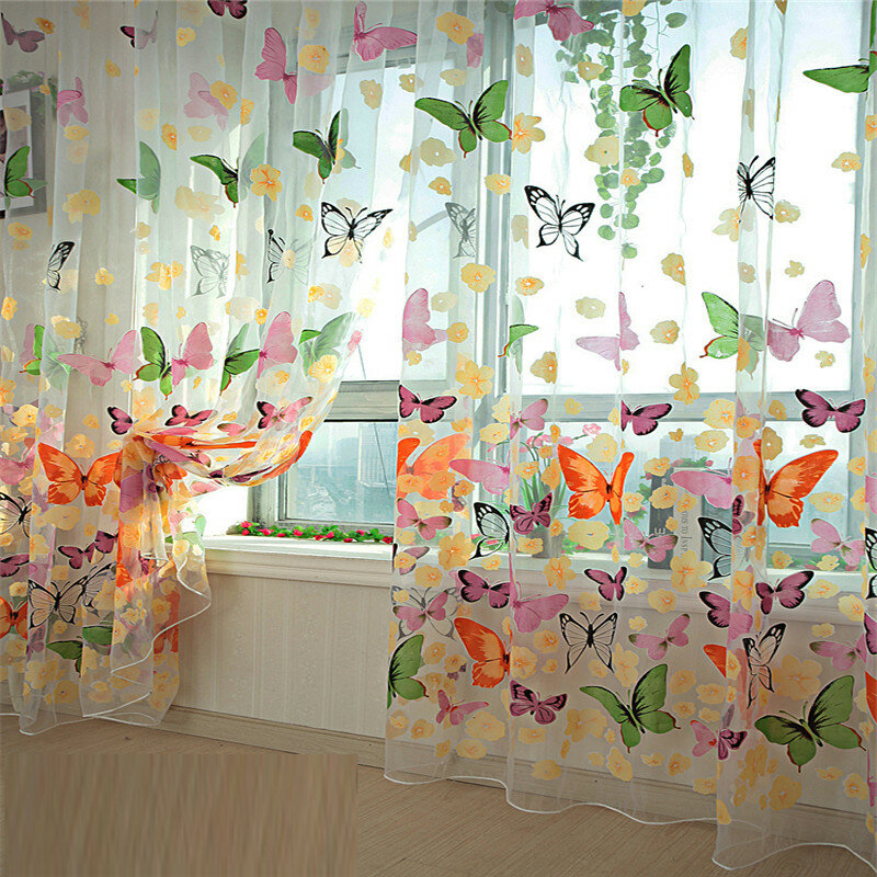 Venda quente 200cm x 100 cm borboleta impressão sheer janela painel cortinas quarto divisor novo para sala de estar quarto cozinha