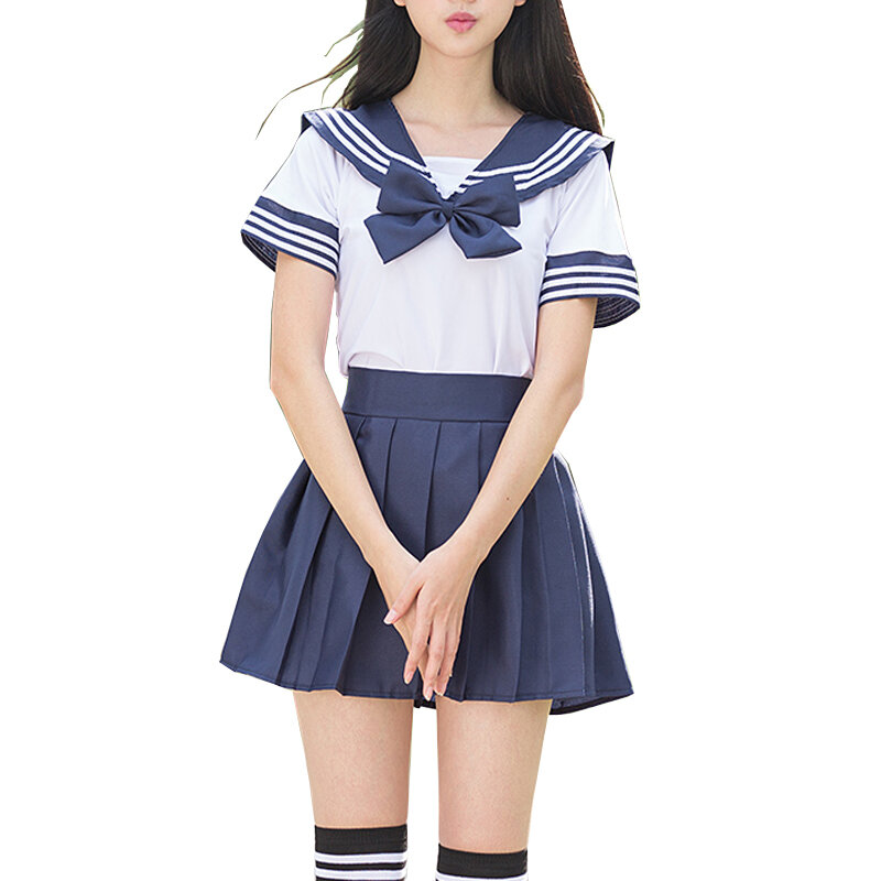 Sailor Suit Seragam Sekolah Set JK Seragam Sekolah untuk Anak Perempuan Kemeja Putih dan Biru Tua Setelan Rok Mahasiswa Cosplay