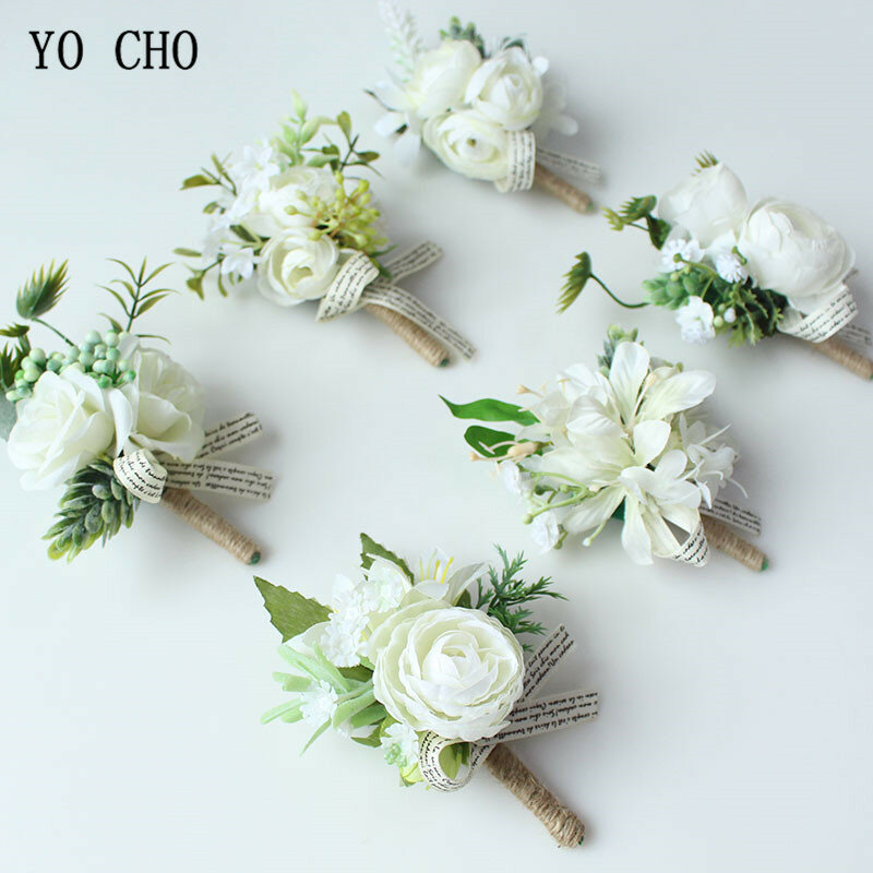 YO CHO Boutonnieres Buttonhole Rose เข็มกลัดจัดงานแต่งงาน Corsages สร้อยข้อมือ Bridesmaids สีขาวเจ้าบ่าวดอกไม้ Boutonniere พิธีดอกไม้