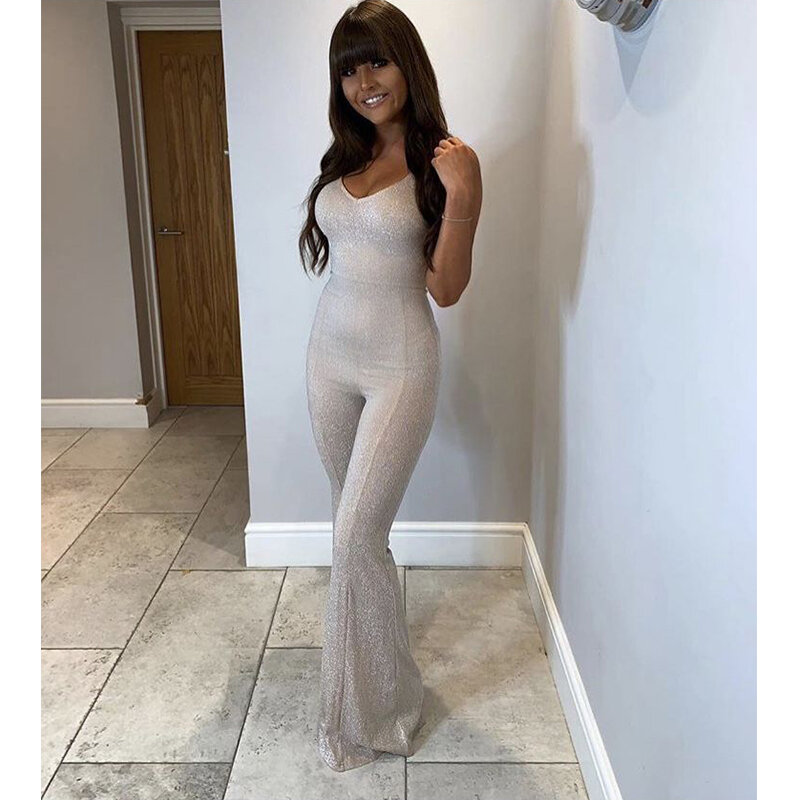 2019 Nieuwe V-hals Rompertjes Vrouwen Sexy Jumpsuit Shiner Mouwloze Bodycon Rits Playsuit Lente Zomer Casual Slim Party overalls