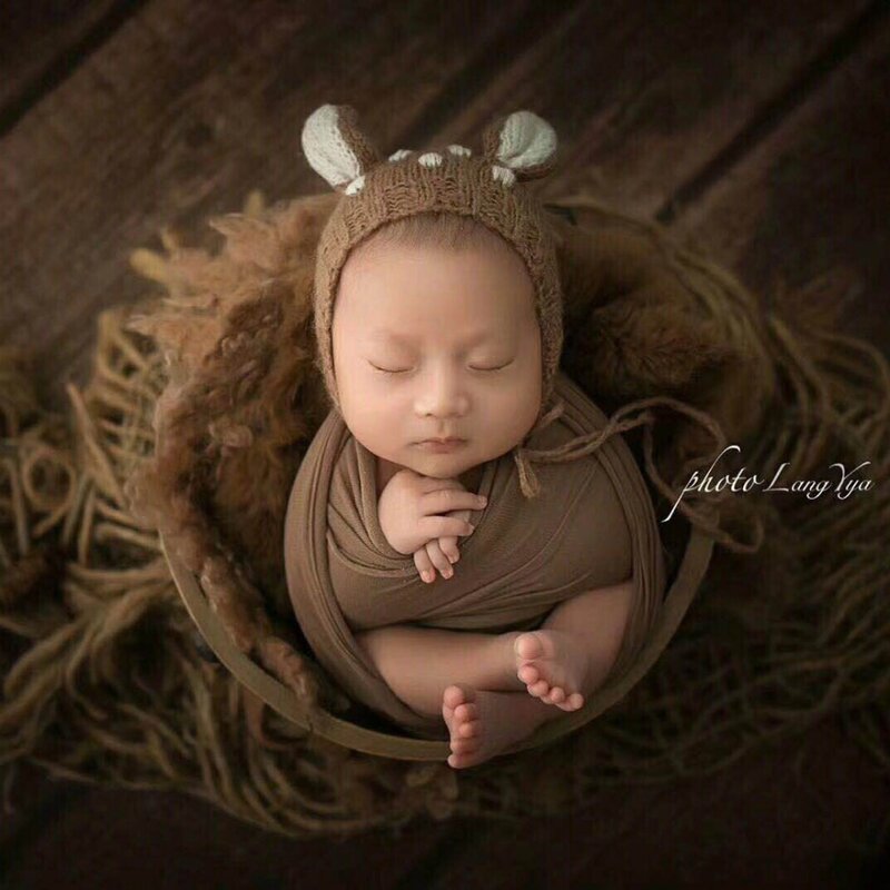 Chapéu de rena recém-nascido envoltório e brinquedo conjunto crochê mohair veados boneca fotografia adereços malha bebê bonnet brinquedo envoltório foto acessórios
