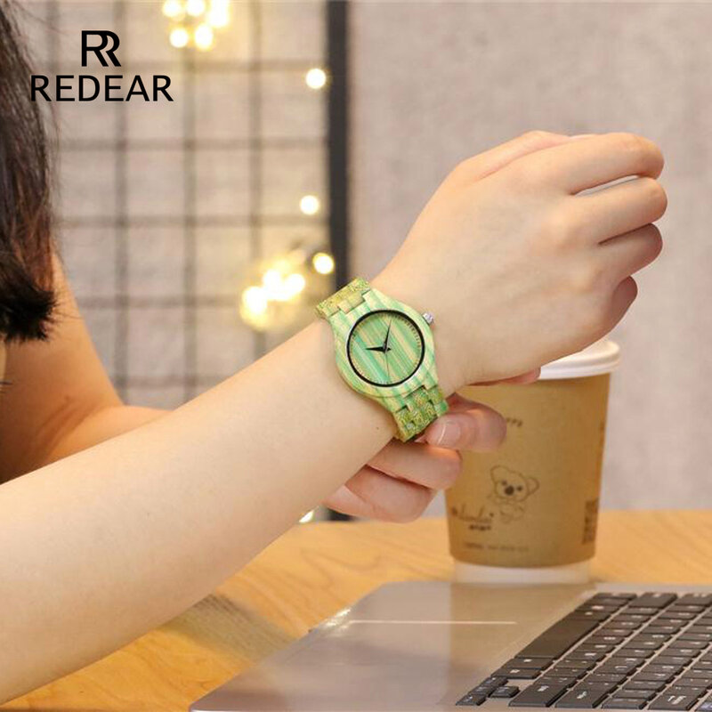 REDEAR นาฬิกา Lover ไม้ไผ่สีสันสดใสสีเขียวนาฬิกาผู้หญิงวงดนตรีไม้ไผ่นาฬิกา Curren ผู้ชายนาฬิกาของขวัญ