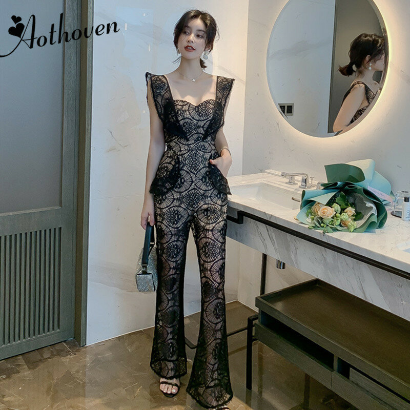 Black Lace Hollow Jumpsuit Sexy Spaghetti Band Mouwloze Zomer Maxi Party Jumpsuits Vrouwen Bodysuit Catsuit Overall Rompertjes