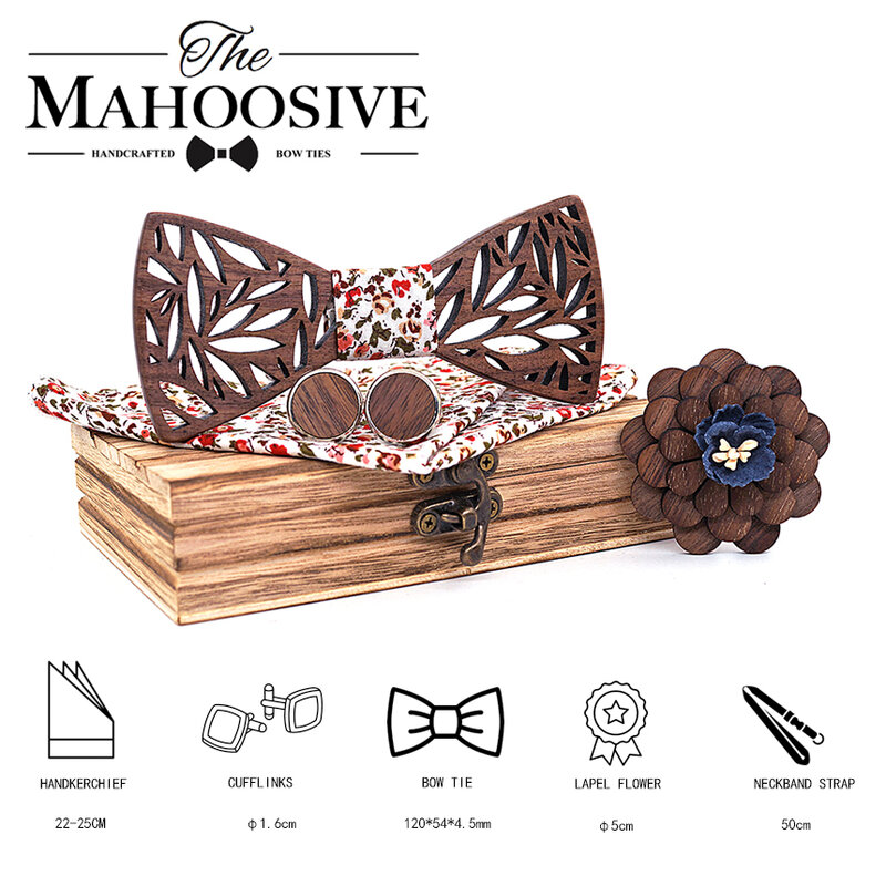 Деревянный галстук-бабочка, набор носовых платков для мужчин, искусственная древесина, вырезанный цветочный дизайн и коробка, модные новые мужские галстуки