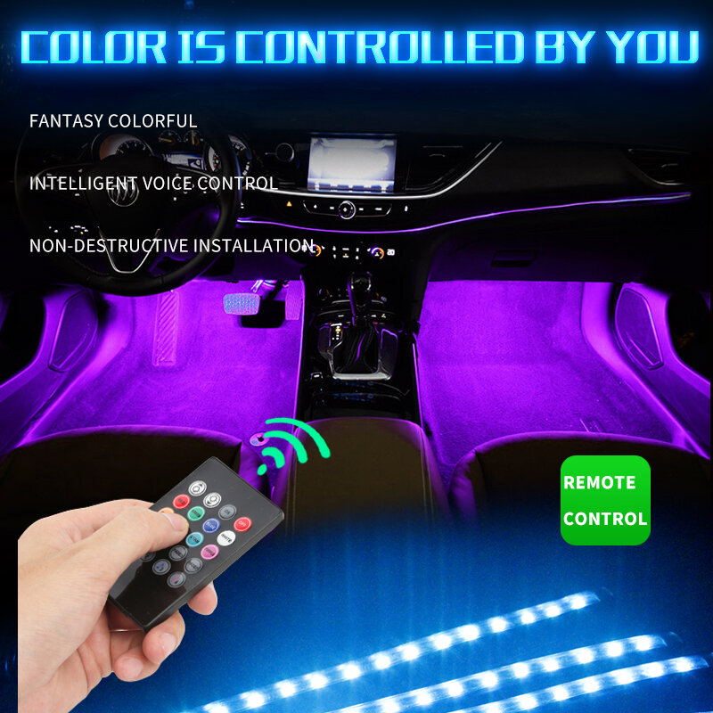 Carro Interior Floor Foot Lamp, 12 LED, Auto Decoração Luz com USB, Múltiplos Modos, Estilo Atmosfera, RGB Neon Lamp Strips