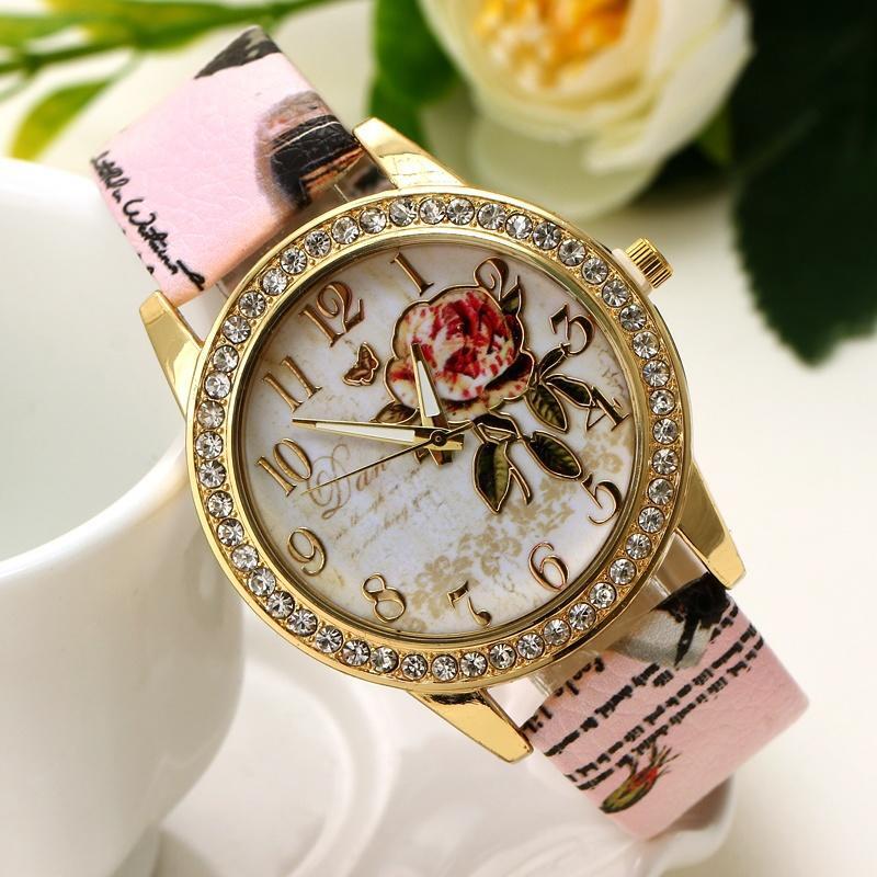 Reloj mujer นาฬิกาผู้หญิง Rose ดอกไม้รูปแบบ Dial นาฬิกาข้อมือสตรีนาฬิกาหนัง Graffiti ผู้หญิงนาฬิกา relogio feminino