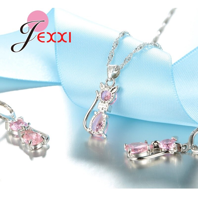 Ensembles de bijoux en argent pour femmes, livraison rapide, fiançailles romantiques, chat mignon, collier, boucles d'oreilles avec cristal autrichien