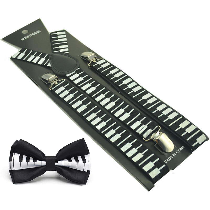 New Women Men Suspender and Bow tie Set Y-Shape Piano Keyboards For Trousers Pants Holder Braces Office Casual Bow tie Set