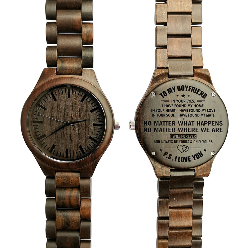 Z1200 내 남자 친구 새겨진 나무 남성 시계 세련된 나무 시계 크로노 그래프 쿼츠 시계 생일 기념일 선물