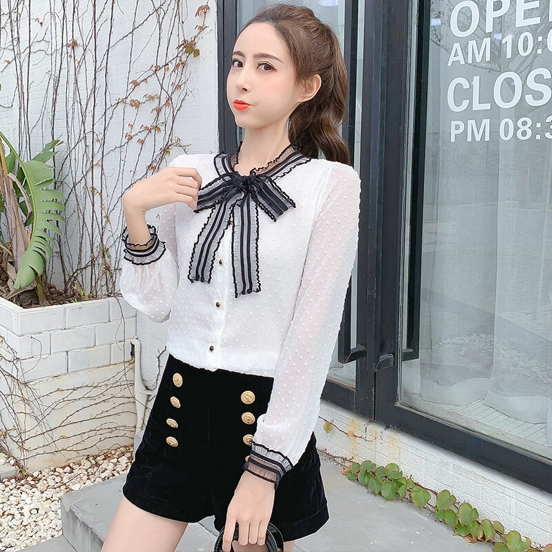 Весенняя новая Корейская шифоновая рубашка женская белая блузка с бантом и длинным рукавом Одежда для девочек Лето Осень Повседневная мода Тонкий Топ H9140
