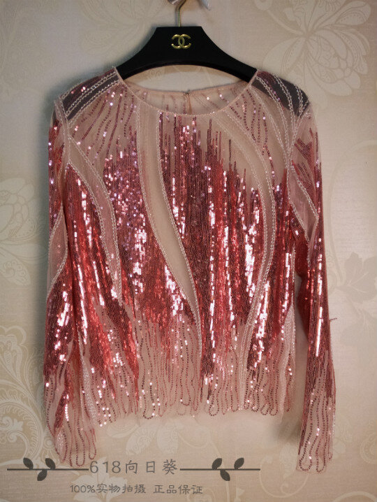Cakucool-Blusa de malla con cuello redondo para mujer, camisa de manga larga con cuentas bordadas, Sexy, transparente, para pasarela