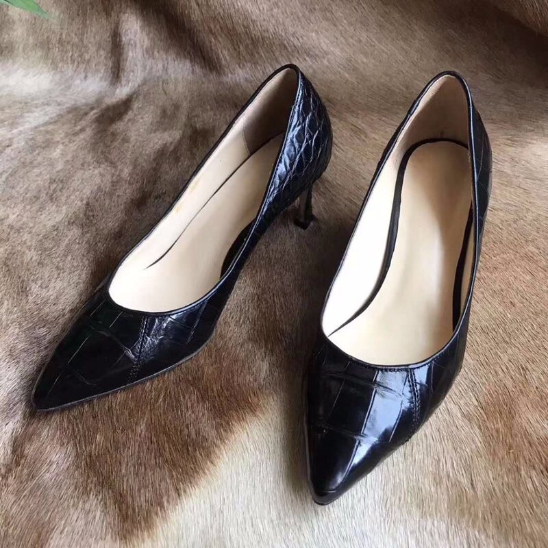 حذاء نسائي بكعب عالٍ من جلد التمساح الأصلي 2018 ، حذاء رسمي ، لون أسود ، موضة جديدة ، 100%