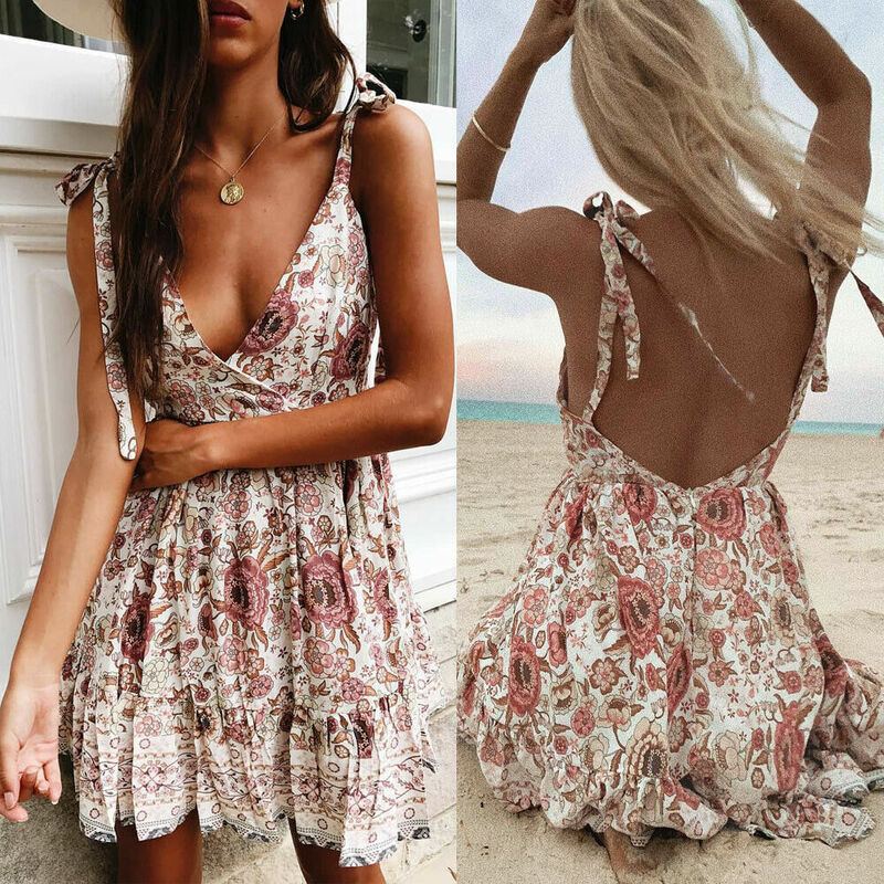 Women Summer Off Shoulder Backless Printed Dress Beach Short Sundress