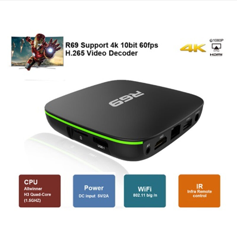 R69 Smart Android 7.1 TV Box 2GB 16GB Allwinner H3 Quad-Core WiFi 2.4GHz 1G8G Set Top Box 1080P HD Support 3D movie Media player