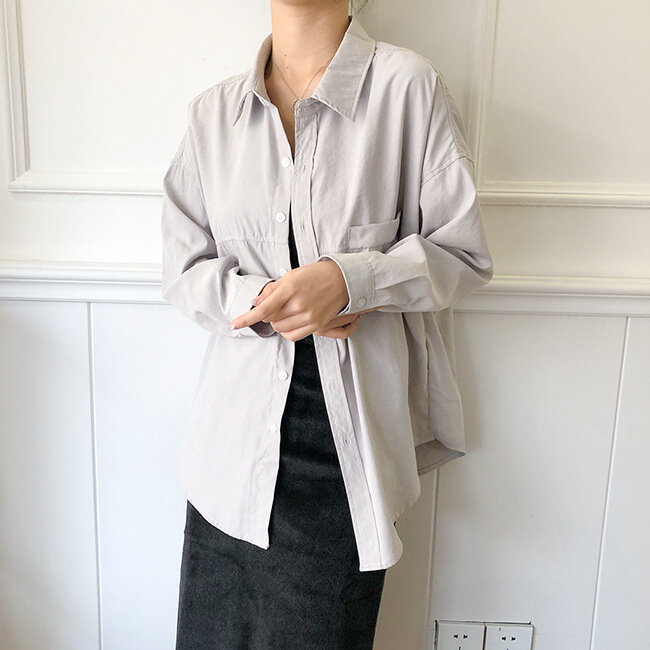 Blusas holgadas de manga larga para mujer, camisas informales holgadas de gran tamaño, cómodas, de Color sólido, para otoño, 2019