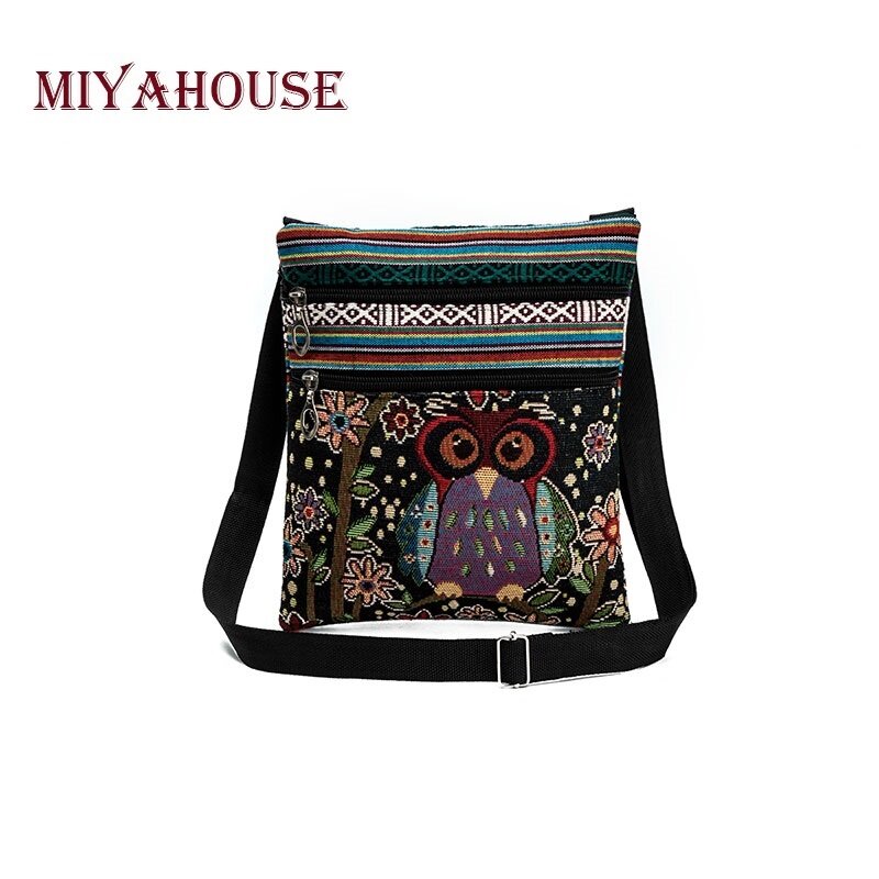 Miyahouse عادية صغيرة مزدوجة سستة حقيبة ساعي المرأة الكرتون البومة المطبوعة رفرف حقيبة حقيبة كتف السيدات