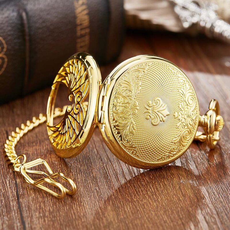Роскошные Механические карманные часы с золотыми крыльями влюбленных для мужчин и женщин, цепочка-брелок, уникальный дизайн с отверстиями, двухсторонние наручные часы-скелетоны