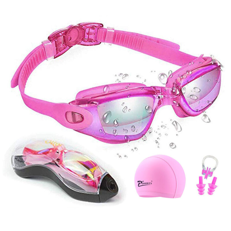Swim Goggles Anti-fog UV Swim Caps Professional Silicone Swimming Glasses Case Nose Earplug for Kids Men Women Diving Eyewear