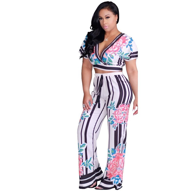 two piece set tracksuit women outfits Print Sexy short sleeve shirt tshirt V-neck crop top